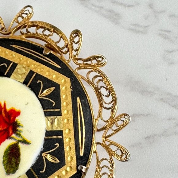 Vintage Filigree Damascene Guilloche Rose Brooch With Yellow & Red Floral Design - Picture 3 of 10